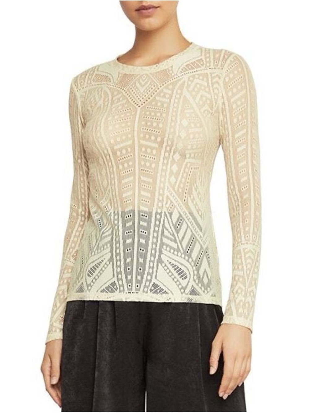 BCBGMaxAzria Agda Cream Sheer Geometric Lace Long Sleeve Top Size xxs